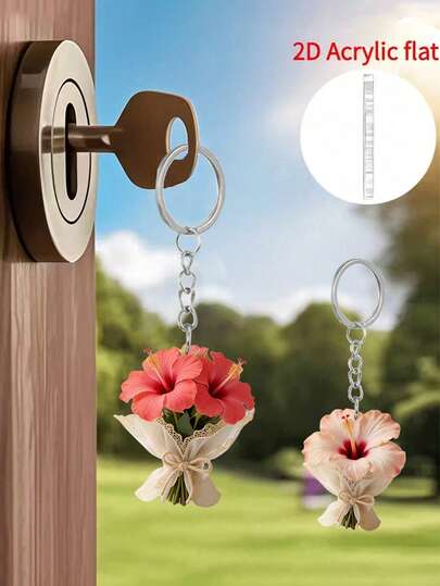 Elegante llavero de ramo de hibiscos de acrílico 2D plano, ligero anillo de llave con flor, colgante de ramo de San Valentín, decoración divertida, accesorio para mochila, colgante de moda, accesorio de verano, decoración para el hogar, colgante de decoración para el coche, colgante para auriculares, colgante para bolso, regalo de accesorio, adecuado para el verano, viaje a la playa, es el regalo perfecto para familiares y amigos, regalo de San Valentín, regalo de cumpleaños, regalo de fiesta, regalo de aniversario, regalo de boda, regalo de viaje.