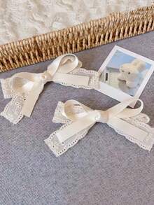 1-4个装 女士米色蕾丝刺绣蝴蝶结发夹，侧刘海夹，马尾夹，甜美日常佩戴发饰 - 蕾絲-雙層米色髮夾 - 查看 4