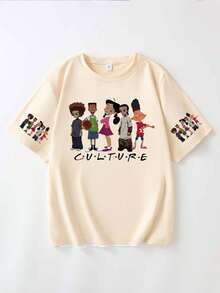 Camiseta de mujer de manga corta, cuello redondo, de estilo casual con estampado de dibujos animados, hecha de fibra de poliéster, lavable a máquina, camiseta de primavera/verano para damas - Albaricoque - Ver 2