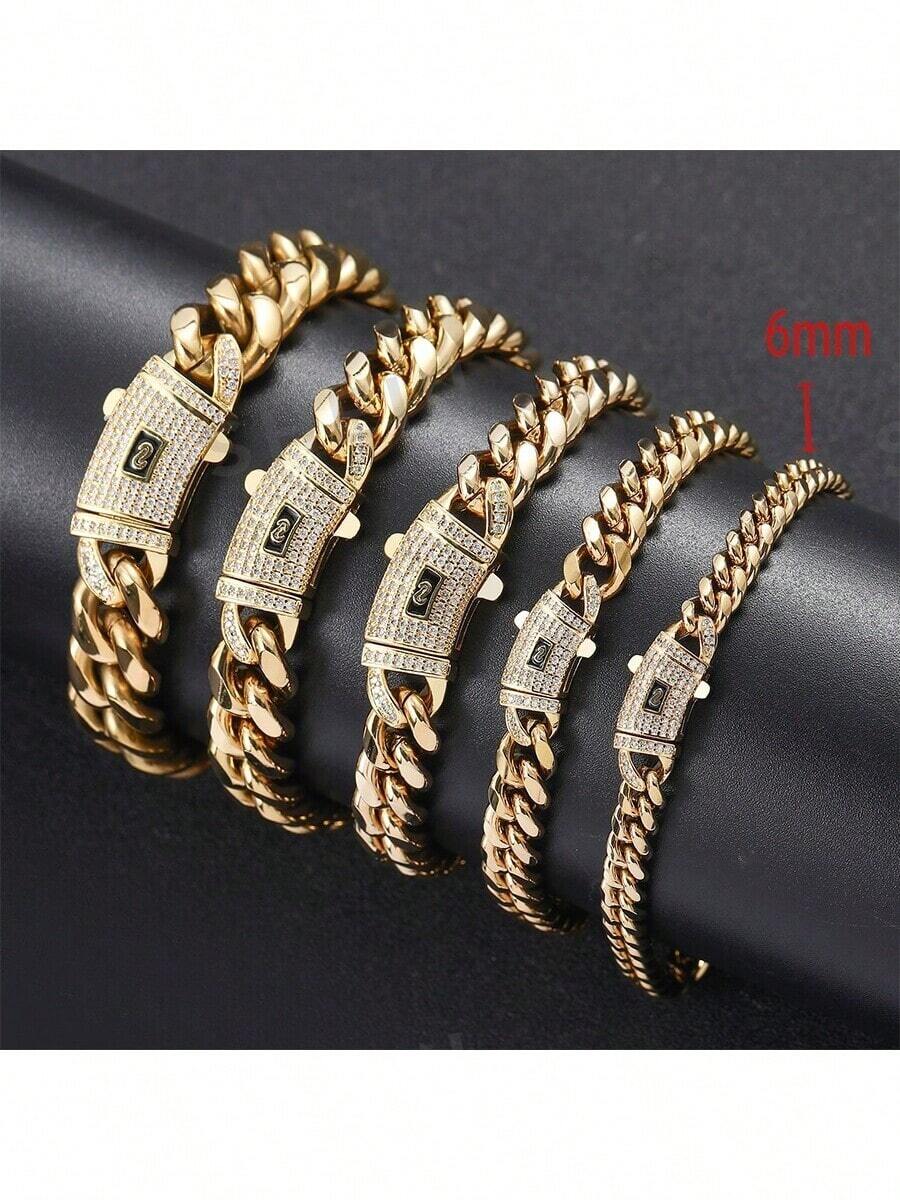 6mm Stainless Steel Necklace & Bracelet Set, 14K Gold Plated Cubic Zirconia Clasp, Holiday Gift - Style 1 - View 1