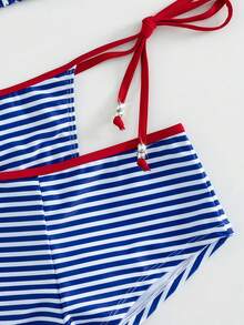3pcs Women's Bikini Swimwear, Vintage Brown Polka Dot Print Striped Beach Shorts Swimwear / Vacation Outfit / The 4th Of July / Back To School Summer - Blue - View 10