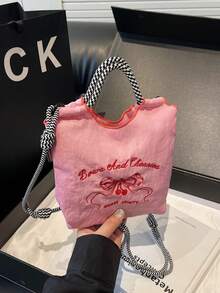 Bolso de tela de nailon con bordado de mariposa, estilo dulce de niña. Bolso de hombro con correa tejida en blanco y negro. - Rosa - Ver 7