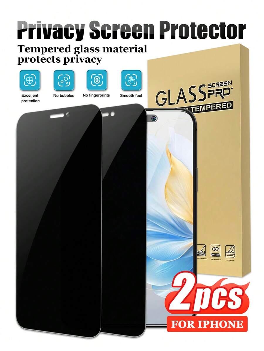 2pcs Tempered Glass Privacy Screen Protector, Protects Screen From Scratches, Shatter-Resistant, Compatible With IPhone 17 Pro Max/17 Air/17 Pro/16 Pro Max/16 Pro/16 Plus/16E/16/15 Pro Max/14 Pro/13/12 Mini/11/Xs Max/XS/XR - Black - View 1