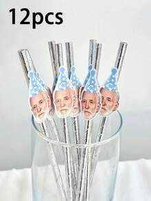 1/12/24/48pcs Customized Face Pattern Paper Straws, Personalized Face Design Straws For Party, Can Customize Age Birthday Party Face Pattern Decor Straws - Multicolor - View 15