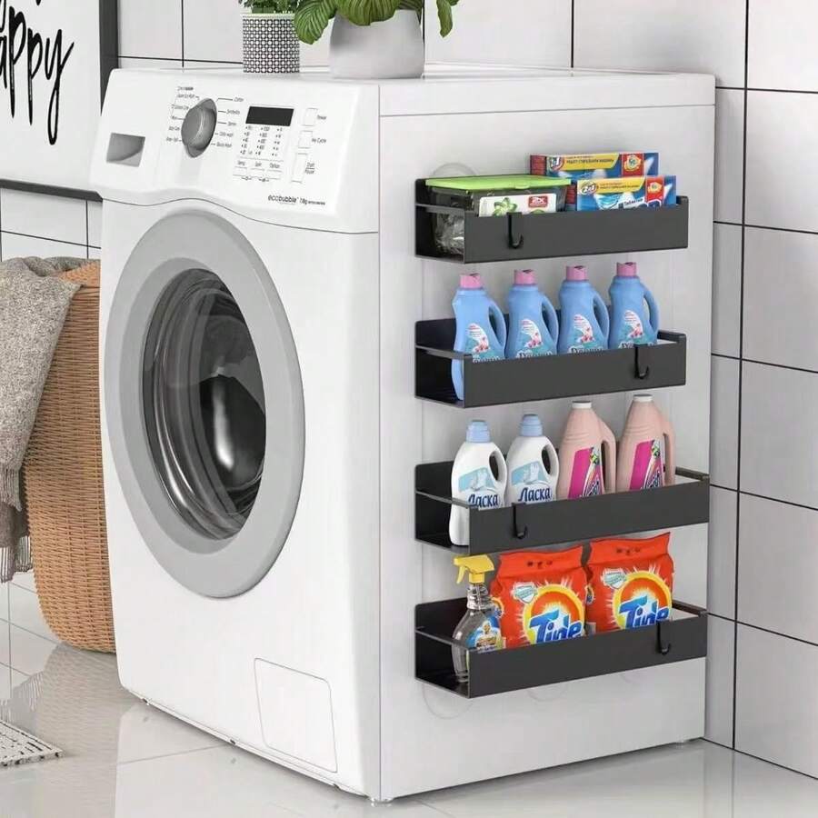 半件装磁性侧边置物架,适用于冰箱和洗衣机 - 无需钻孔安装,时尚黑色金属表面,壁挂式调料架,非常适合存放洗衣用品 - 彩色 - 查看 1