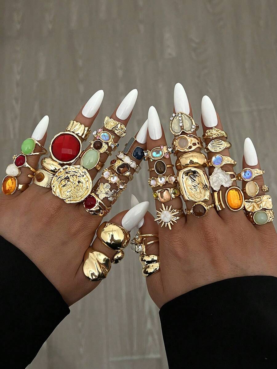 20/15/11/6件套复古优雅波西米亚风戒指，女士款，包含不规则珍珠、彩色猫眼石、虎眼石、向日葵、海星、贝壳、几何设计元素，适合日常、度假、婚礼、派对佩戴、送礼（随机搭配） - 金色 - 查看 1