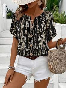 Áo sơ mi nữ mùa hè kiểu dáng thường ngày, cổ chữ V, tay ngắn, cài cúc phía trước, in họa tiết toàn thân, phong cách vintage Mỹ, thiết kế đa năng tôn dáng, màu đen. - màu đen - Xem 5