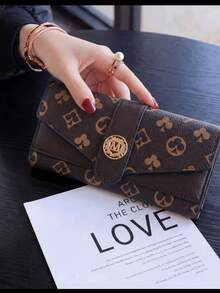 新款女士长款三折按扣钱包，复古印花，多卡位，大容量信用卡夹，公交卡袋，轻便手拿包，女士钱包，长款钱包 - 棕色 - 查看 9