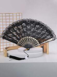 1pc White/Black New Chinese Style Black Lace Folding Fan, Lolita Hanfu Cheongsam Fan, Retro Tassel Ancient Style Hand Fan - Multicolor - View 6