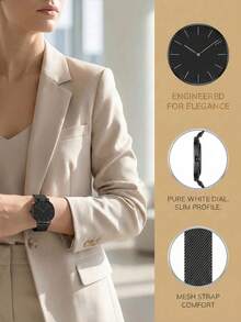 1pc Black Mesh Stainless Steel Quartz Watch, Unisex Fashion Business Style, Minimalist Dial Design Suitable For Daily Commute And Business Occasions, Ideal Gift For Birthday, Christmas, Anniversary, Back To School, Holidays For Friends And Couples - Black - View 4