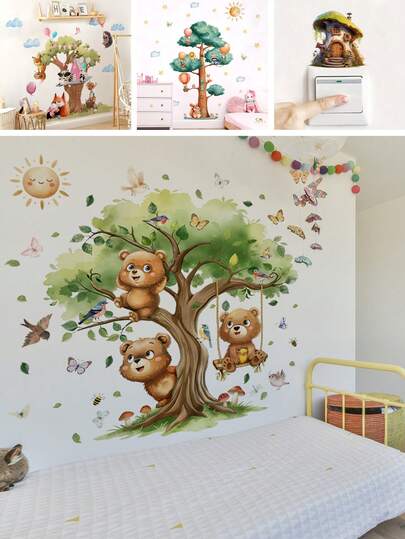 BRUP 1/2/3sheets/Set Cartoon Animal Wall Stickers With Butterfly And Sun Patterns, Self-Adhesive And Removable, Kids Room Decorations, Suitable For Nursery And Bedroom Wall Decals, Forest-Themed Wall Art