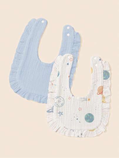 2pcs Soft & Comfortable Strawberry Fruit Print Cute Bear Head Decor Ruffle Bib For Baby
