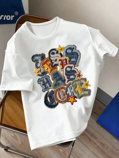 Herren Faux Denim T-Shirt mit besticktem Buchstaben-Patch | Retro Applikation und Sternendruck | Frühling/Sommer, Y2K Lässig Loose Fit Rundhals T-Shirt