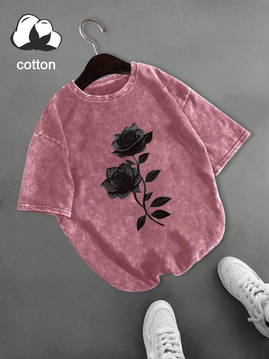 Plus Size Women's Casual Rose Vine Print Round Neck Short Sleeve T-Shirt, Suitable For Spring, Summer And Autumn - Hot Pink - View 1
