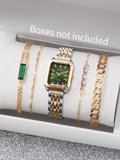 5 delar/set dammode, fyrkantig minimalistisk kvartsklocka med stålband + armbandskombination, klassisk (klocka ingår ej i setet)