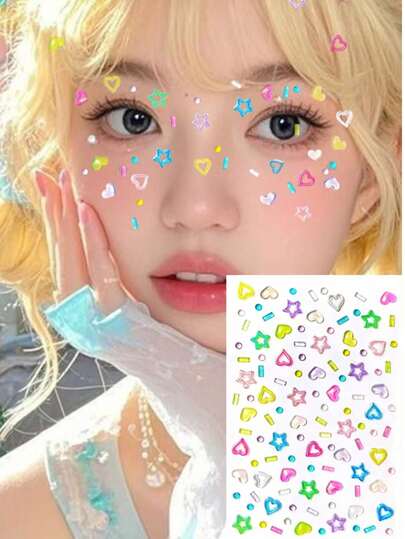 1张多巴胺图案镂空五角星彩色心形自粘贴纸，适用于节日、演出、音乐会和美甲装饰。
