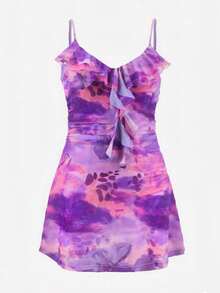 Floral Print Ruffle Hem Camisole Mini Casual Vacation Dress Party Summer Elegant - Purple Flower - View 4