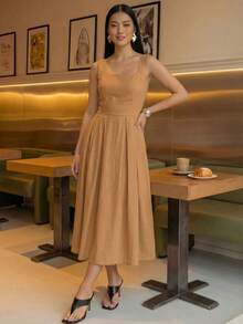 A&DD MODA,REF:MK09 - Women's Midi Dress With Elastic Straps And Pockets, Lightweight And Breathable Summer Dress Made Of Linen Fabric, Sweet And Slim Square Neckline, Sleeveless, Fitted Waist And A-Line Skirt, Suitable For Women - 棕色 - 查看 5