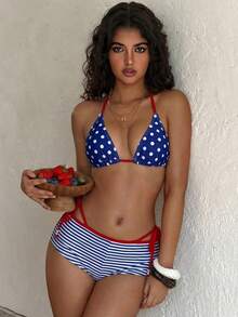 3pcs Women's Bikini Swimwear, Vintage Brown Polka Dot Print Striped Beach Shorts Swimwear / Vacation Outfit / The 4th Of July / Back To School Summer - Blue - View 2