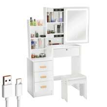 OYAJIA White Dressing Table Makeup Desk Vanity Set With Drawers LED Sliding Mirror, White Vanity Table With Drawers & Cushioned Stool For Bedroom Modern - White - View 11