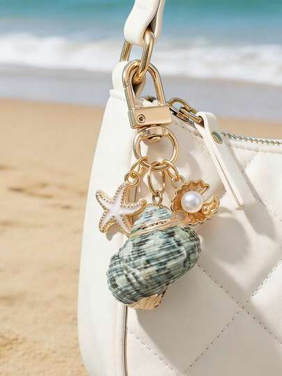 1pc Beach Nautical Shell & Starfish Keychain With Faux Pearl - Seashell & Starfish Charms, Coastal Handbag Accessory, Wallet, Or Key Holder For Women, Nautical Gift For Beach Lovers, Summer Style, Asymmetrical Natural Seashells, Conch, Starfish Bag Charms, Ocean-Themed Gift For Bridesmaids