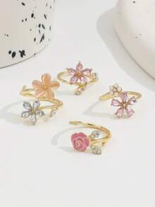 4pcs Romantic Pink Oil Drop Rose Flower Rings, Faux Pearl & Rhinestone 5-Petal Flower Ring Set For Women - Gold - View 2