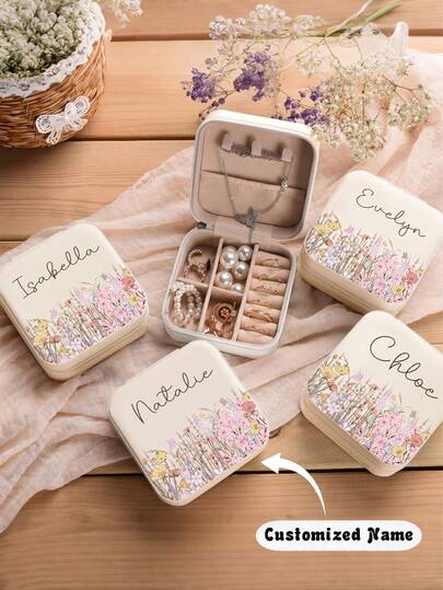 Personalized Elegant Floral Jewelry Box, Customized Beige Name Jewelry Box, Bridesmaid Jewelry Box, Travel Jewelry Case, Gift For Women, Couples, Bridesmaid, Proposal, Birthday, Jewelry