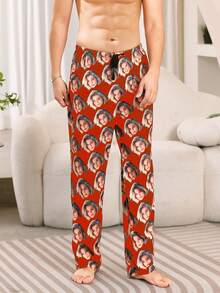 Customized Face Print Men's Pajama Pants, Soft & Comfortable Fabric, Unique Gift For Him - Friend/Partner/Lover, Party/Birthday/Christmas - Red - View 1