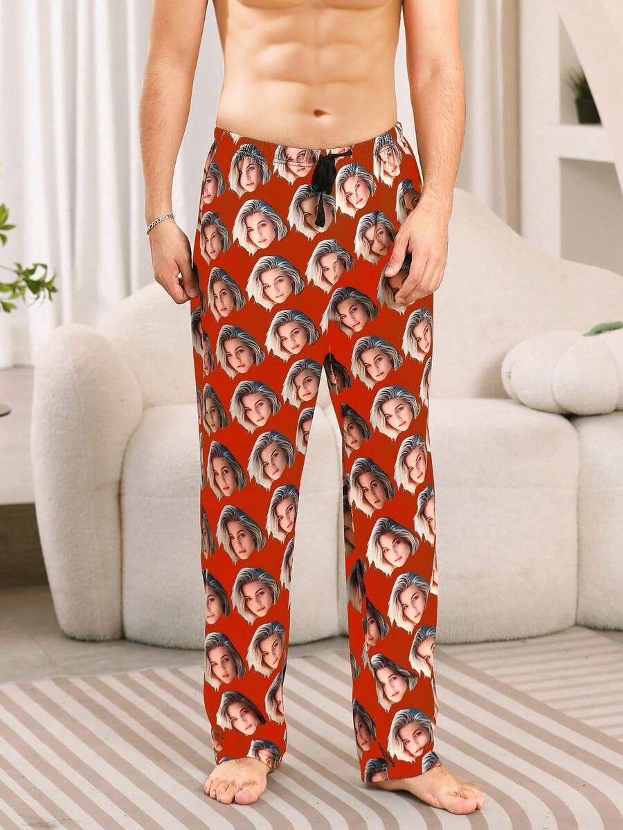 Customized Face Print Men's Pajama Pants, Soft & Comfortable Fabric, Unique Gift For Him - Friend/Partner/Lover, Party/Birthday/Christmas - Red - View 1