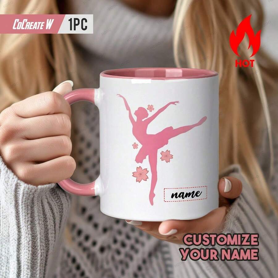 1pc Personalized Ballet Mug With Ballerina Silhouette & Cherry Blossoms - Custom Name/Text Coffee Cup, 11oz Ceramic Tea Cup For Dancers, Dance Gifts For,, Dance Teachers, Dishwasher - Màu đen, 11 oz - Xem 1