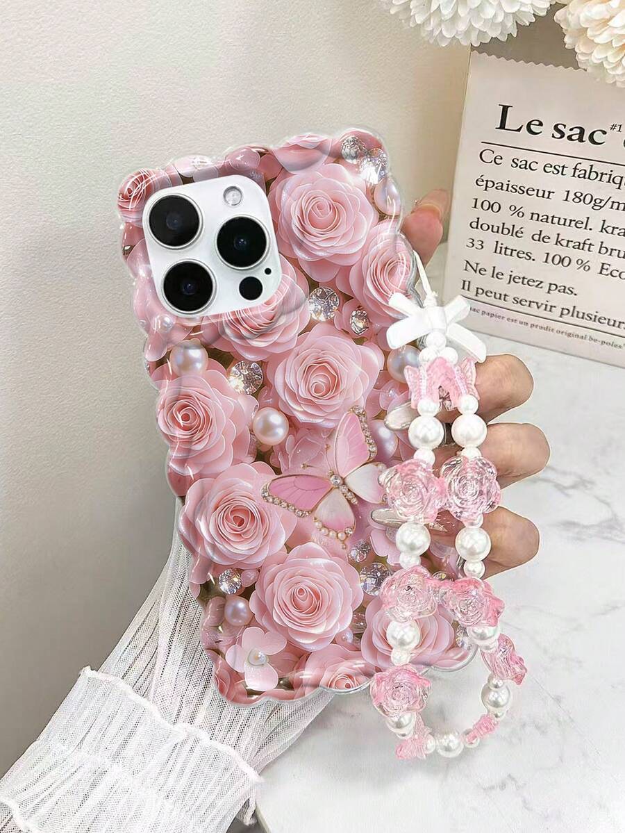 编织粉色蝴蝶仿珍珠花朵彩绘防摔手机壳，兼容 14、14 Pro、14 Pro Max、13、13 Pro、13 Pro Max、11、11 Pro Max、12、12 Pro、12 Pro Max、XR、XS、15、15 Pro、15 Pro Max、16、16 Pro、16 Pro Max、17、17 Pro、17 Air、17 Pro Max、A12/A13/A15/S25/S25 Ultra/S24 Ultra/S24/S24 Plus/A34/A35/A24，高级防摔手机壳 - 彩色 - 查看 1