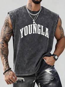 Men's Printed Vintage Washed Vest, Loose Fit, Casual Street Style, An Essential Everyday Item. - 淺灰色 - 查看 1