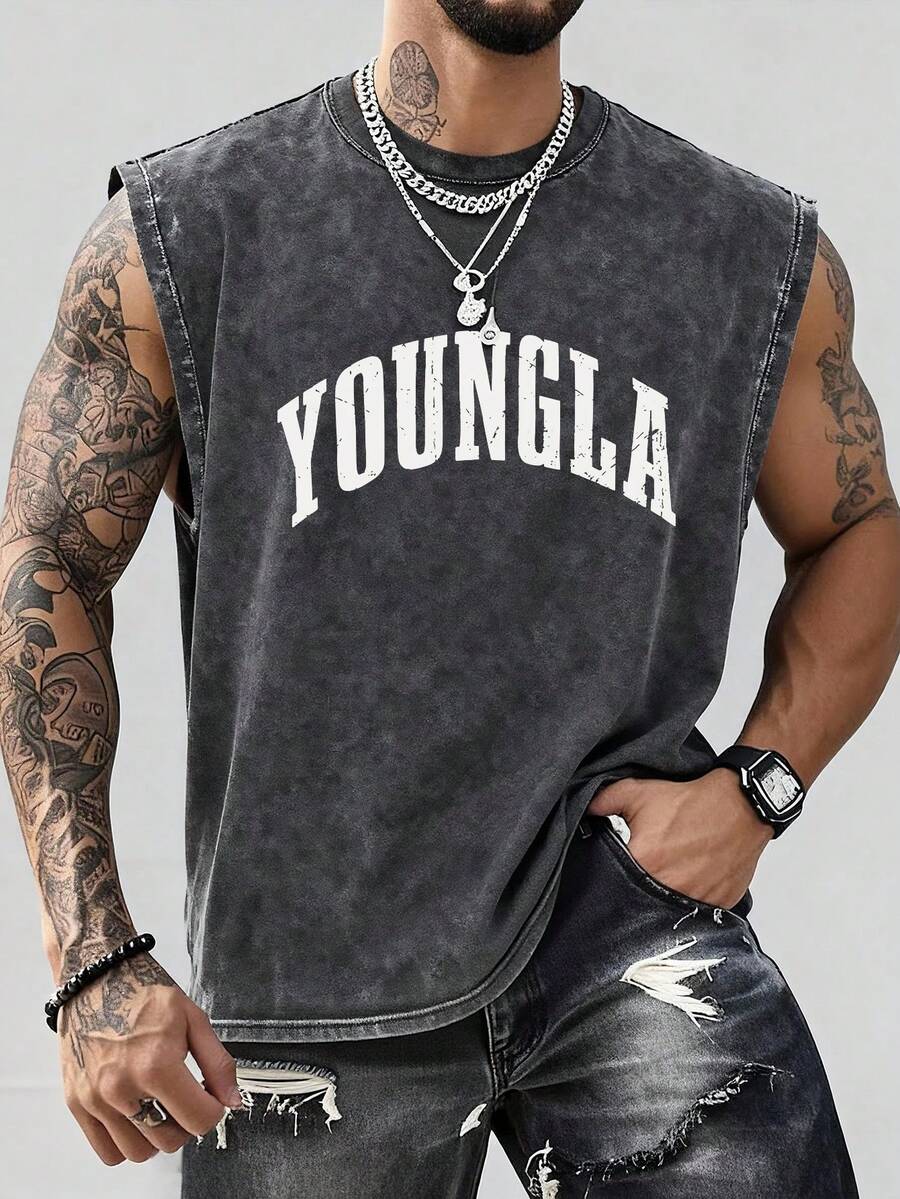 Men's Printed Vintage Washed Vest, Loose Fit, Casual Street Style, An Essential Everyday Item. - 淺灰色 - 查看 1