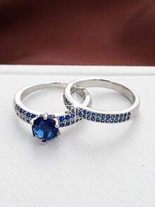 2 piezas Anillo zirconia cúbica adorno - Azul - Ver 7