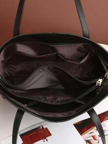 时尚女士新款拼接多隔层手提包，女士商务手提包，单肩包，大容量复古手提包 - 黑色 - 查看 2