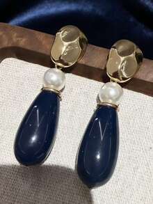 1对不对称金属蓝树脂珍珠吊坠耳环，欧美风格个性时尚长耳环，适合女性和女孩，旅行、婚礼、派对、生日、圣诞节礼物（2026款） - 寶藍色 - 查看 2