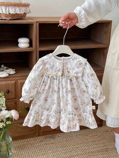 Baby Girls' Floral Print Ruffled Collar Princess Dress, Spring/Autumn