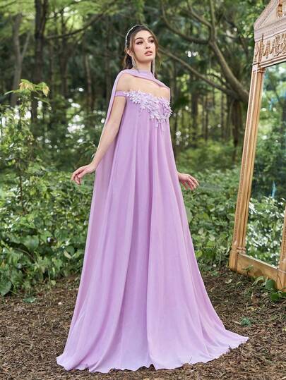 Faeriesty Women's Elegant High Neck Long Chiffon Evening Dress With 3D Floral Decor, Suitable For Spring Weddings, Garden Parties, And Outdoor Forest Celebrations