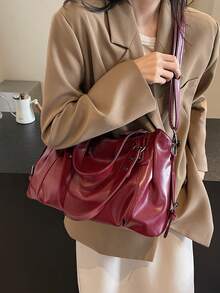 Retro Minimalist Large Capacity Fashion Student/Work Commute Tote Bag - Red - View 8