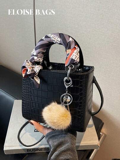 鳄鱼纹百搭单肩斜挎包，时尚手提小方包