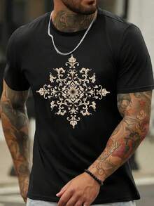 Camiseta de Verano para Hombre de Mezcla de Algodón - Estampado de Copo de Nieve Dorado. Tejido Micro-Stretch. Camiseta deportiva de corte regular para vestimenta informal. Camisetas de Verano - Negro - Ver 1