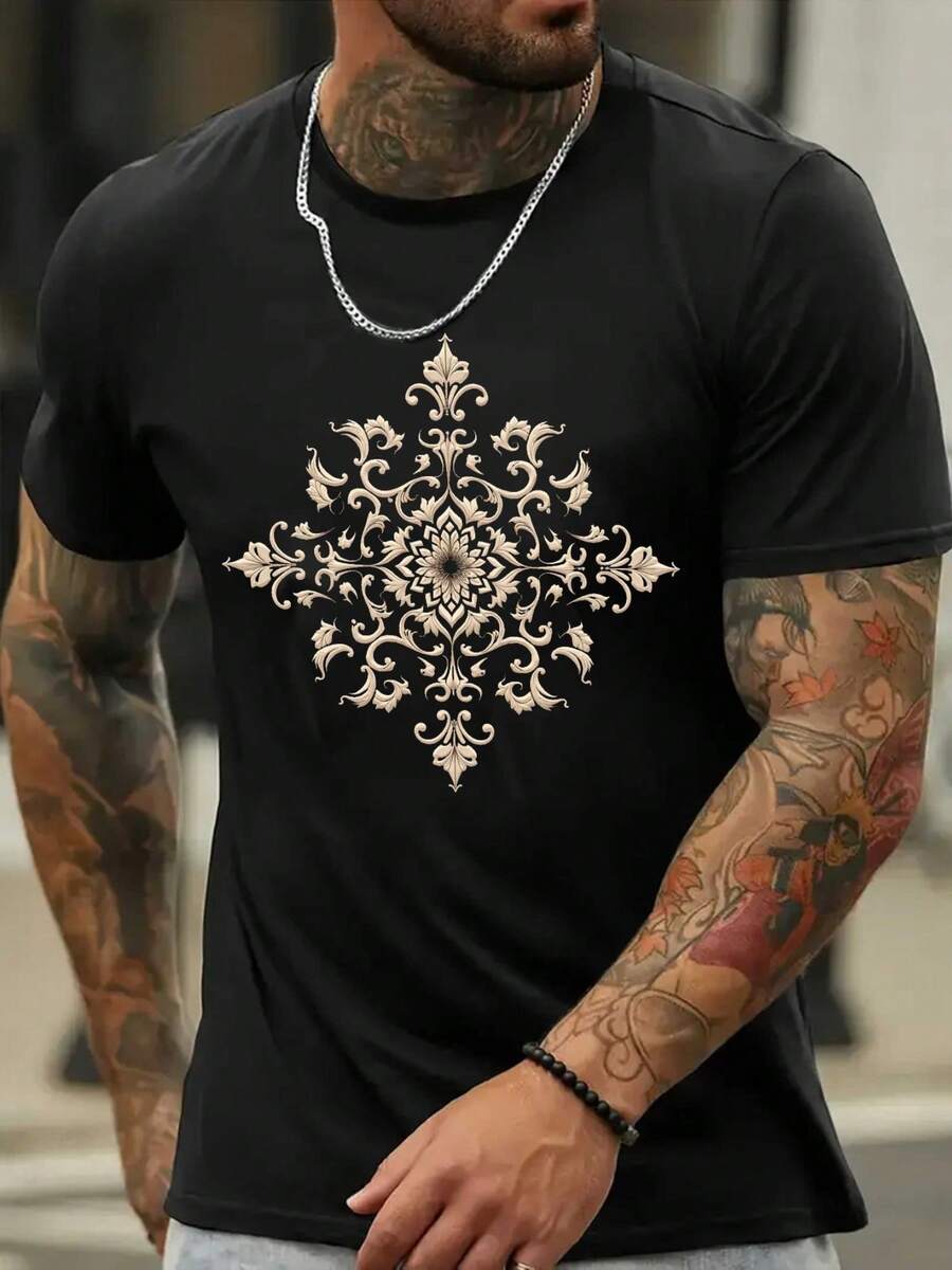 Camiseta de Verano para Hombre de Mezcla de Algodón - Estampado de Copo de Nieve Dorado. Tejido Micro-Stretch. Camiseta deportiva de corte regular para vestimenta informal. Camisetas de Verano - Negro - Ver 1