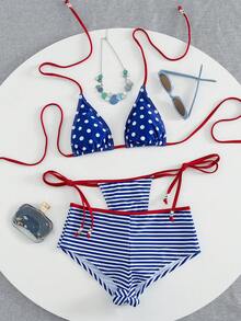 3pcs Women's Bikini Swimwear, Vintage Brown Polka Dot Print Striped Beach Shorts Swimwear / Vacation Outfit / The 4th Of July / Back To School Summer - Blue - View 6