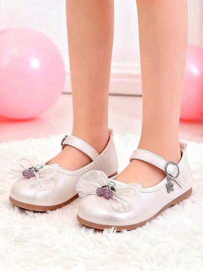 1双幼儿女童低帮公主皮鞋，蝴蝶结装饰，防水防滑，婴儿爬行鞋，软底复古玛丽珍鞋，透气休闲鞋，适合春、夏、秋季穿着