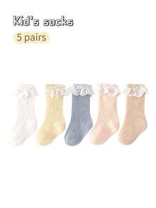 5双装女童春夏网眼防蚊袜，蕾丝公主中筒袜，白色长筒袜 - 彩色 - 查看 9