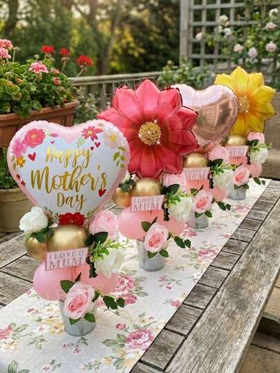 11pcs/Set "Happy Mother's Day" Slogan Heart Foil Balloons, Sunflower Shaped Foil Balloons (Red And Yellow), 18-Inch Rose Gold Heart Foil Balloon, 10-Inch Macaron And Metallic Gold Latex Balloons, Suitable For Mother's Day, Wife's Birthday, Mom's Birthday Party Decoration