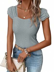 Womens Square Neck Tank Top Eyelet Cap Sleeve Slim Fit Backless Tee Going Out Summer Tops - Gray-1 - View 5