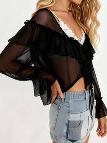Women's Long Sleeve Blouse Front Tie Bow Casual Loose Fit Stylish Solid Color Sheer Ruffled V Neck Tops for Spring/Summer - Negro - Ver 3