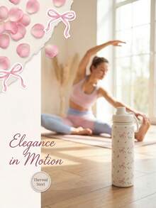 500ml Thermal Insulated Cup With Handle, Bow And Rose Print, Dual Use Sip Lid, Leakproof Lockable Lid, Stainless Steel Sports Water Bottle - Multicolor - View 2