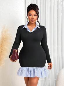 BIUBIU Robe tunique en tricot à manches longues et col contrasté avec ourlet à volants, longueur genou, robe de bureau pour femmes au printemps, grande taille - Kesé - Voir 5